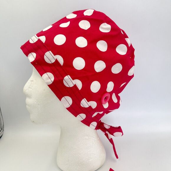 Unisex Surgical Scrub Hat With Matching Mask Red Polka Dots - Picture 10 of 12